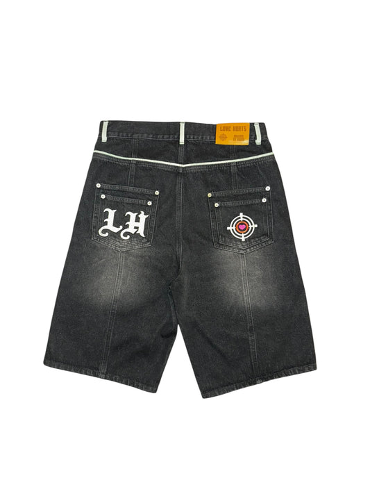'LH' Embroidered Black Jorts